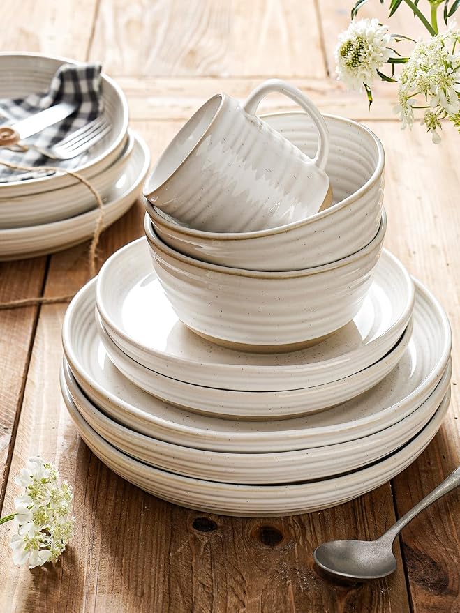 LE TAUCI Ceramic Dinnerware Sets for 4, 16 Piece Kitchen Dish Set with Mugs, Plates and Bowls Sets, Chip Resistant, Microwave & Dishwasher Safe, Arctic White (8"&10" Plate, 28oz Bowl, 12oz Mug)