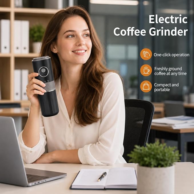 Portable Electric Coffee Grinder and Brewing Kit, Black | Rechargeable, Conical Burr Mini Grinder, 32g Capacity, Includes Filter & Coffee Cup