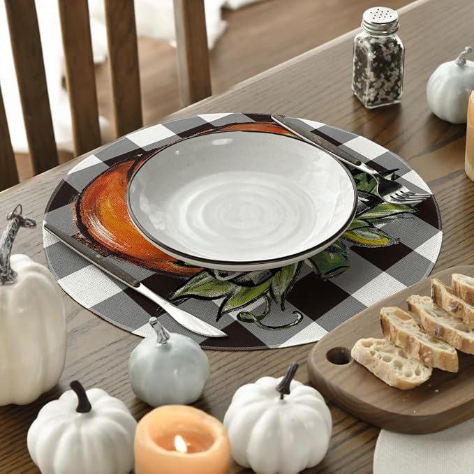 Artoid Mode Buffalo Plaid Pumpkin Fall Round Placemats Set of 4, 14 Inch Round Table Mats for Dining Decoration | Heat-Resistant, Washable Table Mats, Seasonal Autumn Bowknot Kitchen Dining Decor