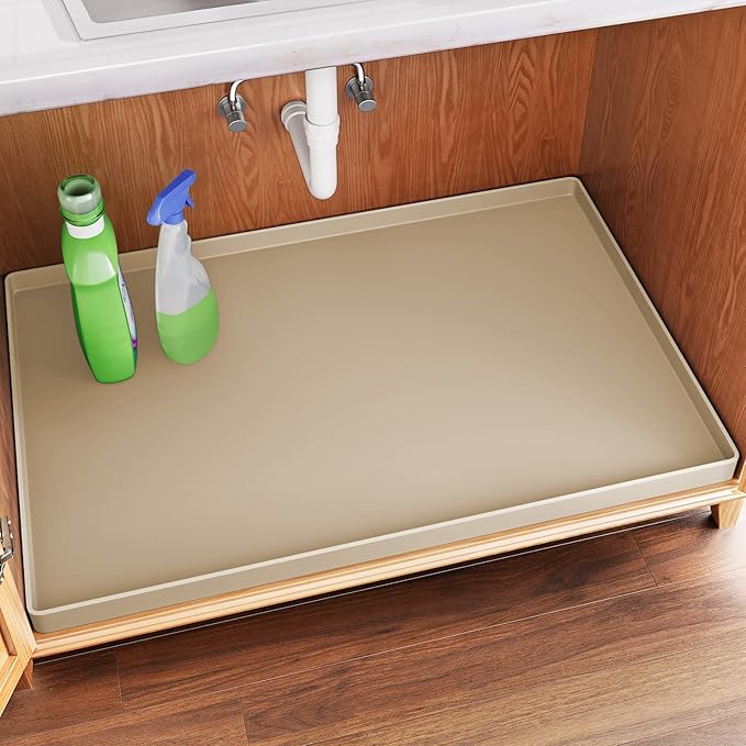FLATO Waterproof Under Sink Mat, 40" x 19", Beige | Shelf Liner for Kitchen and Bathroom, Cabinet Protector, Organizers and Storage, Flexible Silicone Drip Tray