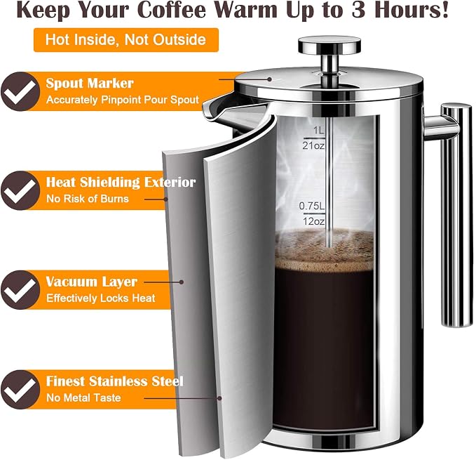 LANTE French Press, 600ml Double Insulated 304 Stainless Steel Coffee Tea Maker 4 Level Filtration System, No Coffee Grounds, Rust-Free, Dishwasher Safe for Single Use