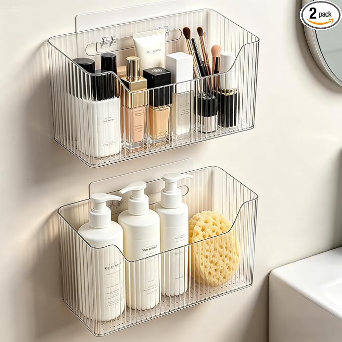 Lae Nuvole Adhesive Cabinet Door Organizer, 2 Pack Wall Shower Caddy, Clear | 4 Adhesive Straps, No Drill Wall Mount, Renter Friendly, BPA-free Stackable; Fits Bathroom, Kitchen, Apartment, Pantry, RVs