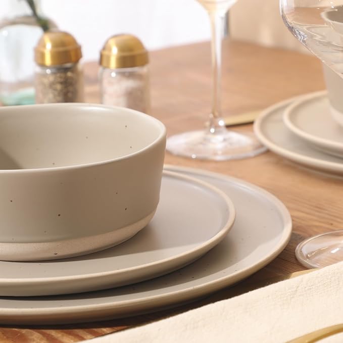 Gibson Elite Humphrey Lane 12 Piece (Service for 4) Plates and Bowls Reactive Glaze Dishes Stoneware Ceramic Dinnerware Set - Taupe