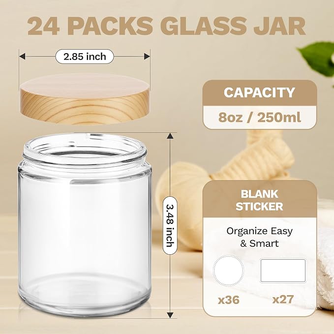 24 Pack 8 oz Clear Glass Jars with Lids, Empty Candle Making Containers | Refillable bulk empty body butter containers, plastic wood-grain lids; ideal for lotion, cream, body scrub, ointment, food