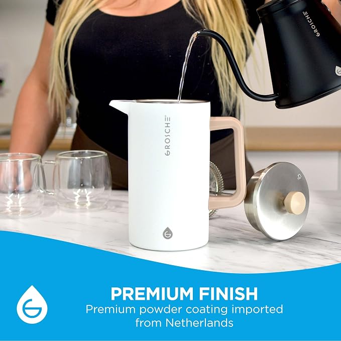 GROSCHE Dublin Double Wall Stainless French Press, White, 8 Cup, 34 oz | Fine-Mesh Filter Reduces Grit, Insulated Body Retains Heat, Dishwasher-Safe Parts Simplify Cleanup for Daily Hot or Cold Brew