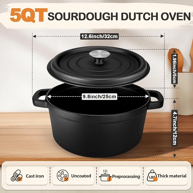 Dutch Oven for Bread Baking 5QT Cast Iron Sourdough Dutch Oven Pot with lid | Banneton Bread Proofing Basket, Mitts & Baking Supplies, Sourdough Starter Kit for Bread Making Frying Braising Camping