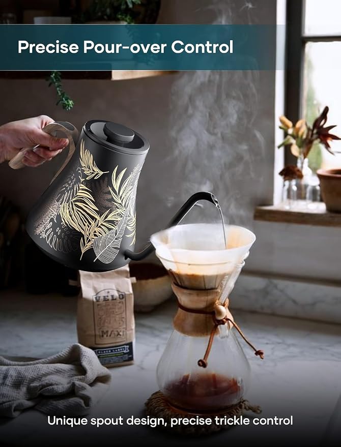 INTASTING Gooseneck Electric Kettle with ±1℉ Temperature Control 0.9 Liter | 1500W Quick Heating, Stainless Steel Inner, Pour Over Coffee & Tea, Keep Warm, Auto Shut-Off, Built-in Brew Timer, Rainforest