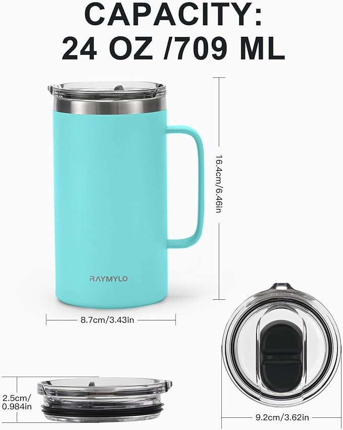 Insulated Travel Large Coffee Mug with Handle, Coffee Tumbler Cup 24oz | Detachable Lid for Thoroughly Clean, Thermal Cup with Double-Wall Stainless Steel Vacuum Insulation, Spill Proof & BPA Free