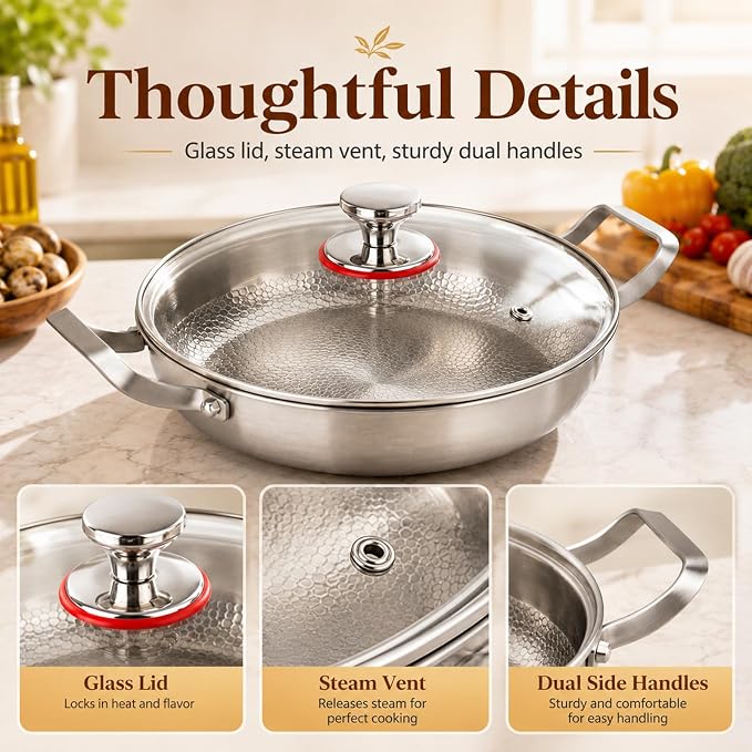 Titanium Hammered Pan, 2026 New Upgrade Double Handle Non Stick Titanium Pans for Cooking, Ultra-Durable, Scratch-Resistant, Even Heating Frying pans, Compatible With All Cooktops,With lid,11