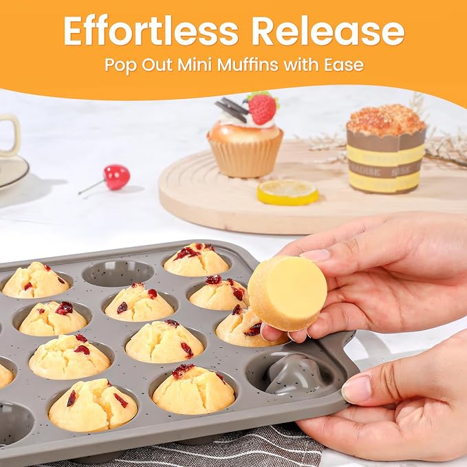 CAKETIME Mini Cupcake Pans, Metal Reinforced Frame Silicone Mini Muffin Pan Nonstick 24 Cups Easy to Handle for Baking Muffins, Cupcakes, Egg Bites 1 Pack