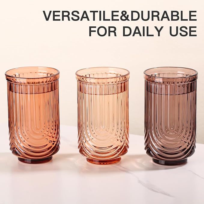 JOVGANK Amber Vintage Glassware Set of 6-17Oz Brown Water Drinking Glass, Art Deco Ripple Highball Glass, Whiskey Cocktail Glasses, for Bar Ice Coffee Juice, Housewarming Gifts Gift