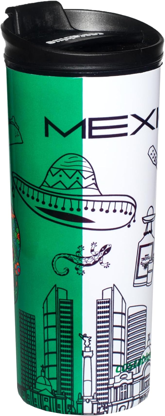 Mexico Vacuum Insulated Stainless Steel Thermal Travel Mug, 16 oz, Easy Clean, Flip leak Proof Lid Mexican Flag with Icons from Mexico…