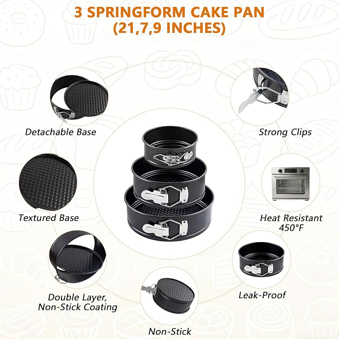 131Pcs Springform Pan Cake Pan Sets for Baking Non-Stick Cake Decorating Kit (4, 7, 9 Inch), Piping Bags and Tips Cheesecake Bakeware Baking Tools Parchment Paper & Manual
