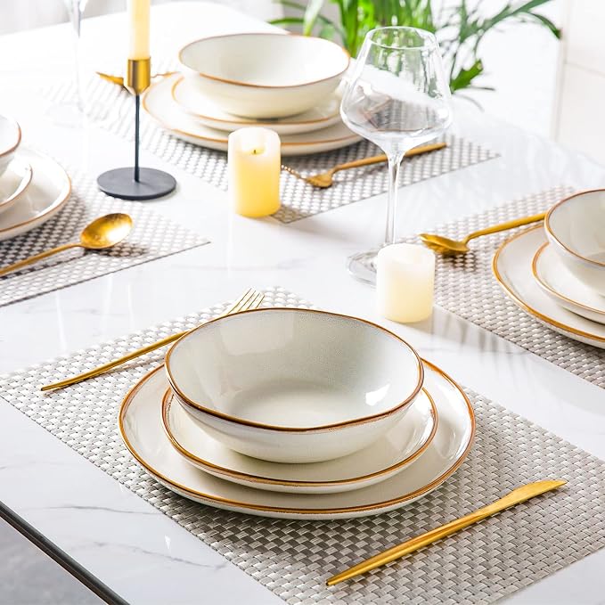 AmorArc Ceramic Dinnerware Sets for 4, 12Pcs Plates and Bowls Sets Dishes | Stoneware Handmade Reactive Glaze Dinner Set, Highly Scratch Resistant | Dishwasher & Microwave Safe Dishware