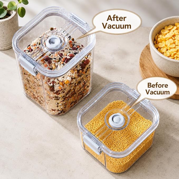 4-Piece Airtight Vacuum Food Storage Containers with Hand Pump, Reusable Leak-Proof Plastic Canisters for Longer Freshness (1.43 QT, 0.95 QT*2, 0.41 QT)