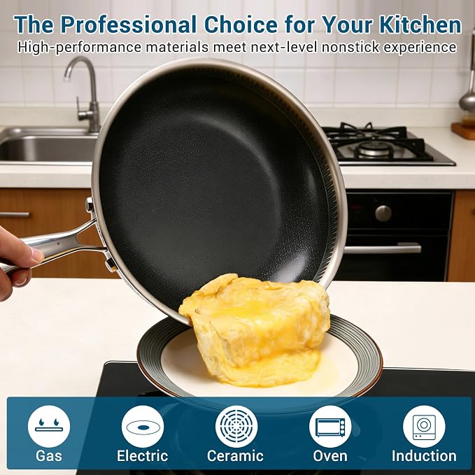 12 Inch Tri-Ply Stainless Steel Hybrid Frying Pan with Lid - Ceramic Nonstick Skillet, Induction & Oven Safe 600°F, PFAS/PFOA Free Professional Clad Cookware