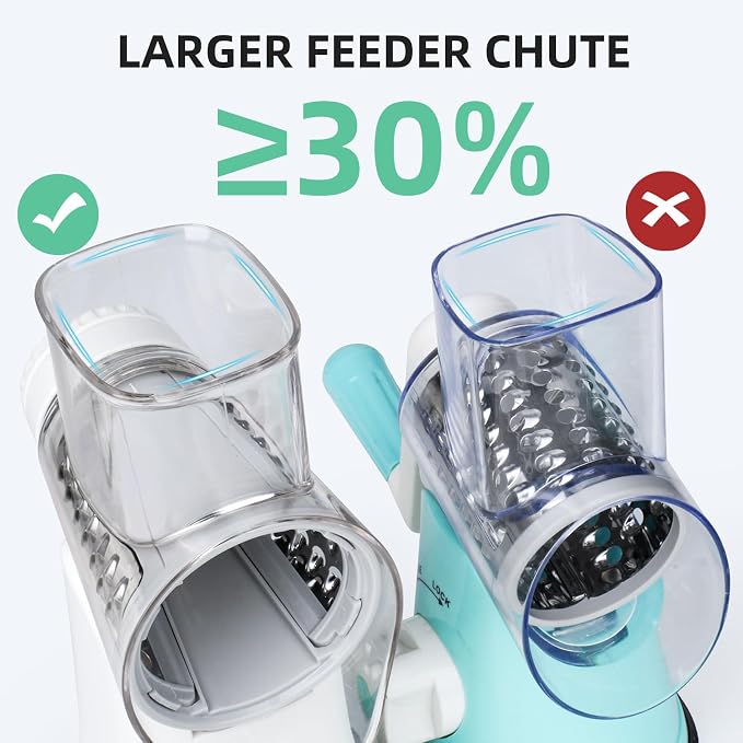 Rotary Cheese Grater Hand Crank with Reinforced Suction & 5 Blade | Strong Suction Base Stays Firm, 5 Interchangeable Blades, Great for Vegetables & Nuts, Mandoline Slicer for Kitchen, White