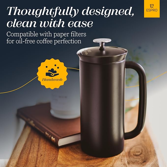 ESPRO P7 French Press, 18oz, Matte Black, Stainless Steel Coffee Maker | Double Filter Coffee Press, Grit-Free Coffee, Heat Resistant Insulated tea Press, Easy Hot and Cold Coffee Brewer, Tea Brewer