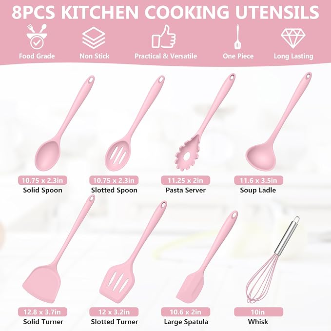 TeamFar Silicone Cooking Utensils Set, 8 PCS Kitchen Utensils Set, Pink | 446°F Heat Resistant Turner, Spatula, Spoon, Whisk, Kitchen Cooking Gadgets Tools, for Nonstick Cookware, Dishwasher Safe