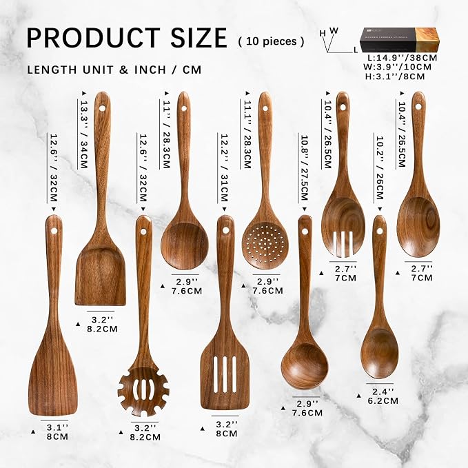 Wooden Spoons for Cooking, 10-Piece Acacia Wood Cooking Utensil Set | Spoons and spatulas stir, mix, flip and serve; balanced handles offer control while staying gentle on nonstick cookware.