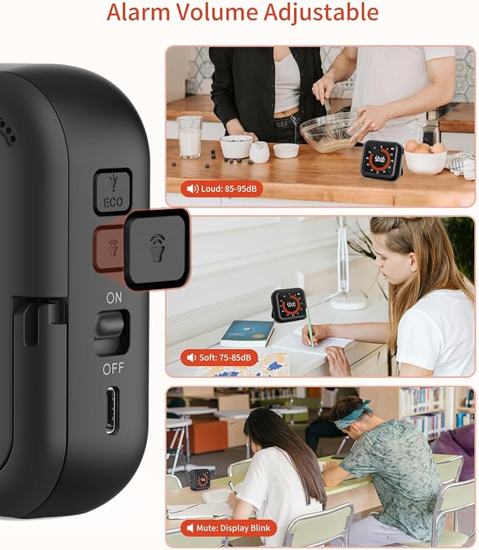 Digital Magnetic Visual Kitchen Timer, Up to 11H 59M Countdown & Count Up | USB-C Rechargeable, Large VA Display, Adjustable Volume and Brightness, Memory Recall Function for Kitchen, Classroom, Study