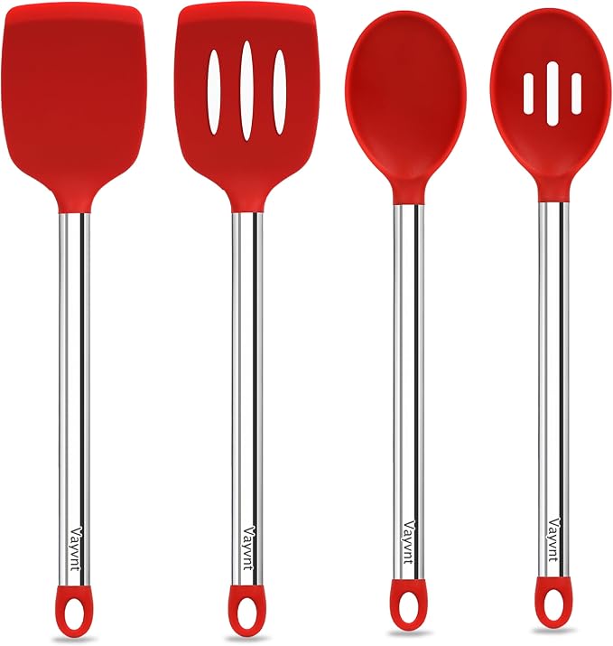 Vayvnt 4 Pieces Kitchen Spatula Set, Heat Resistant Silicone Utensils, Red | Large Size Kitchen Tools, For Nonstick Cookware, Spoons and Turners, Stainless Steel Handle, Easy Cleaning, Dishwasher Safe