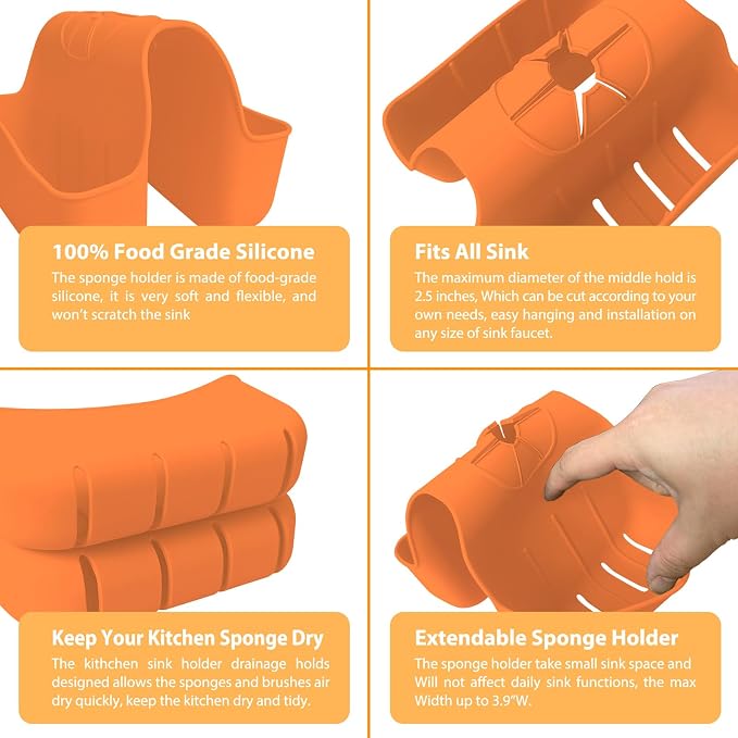Sponge Holder for Kitchen Sink, Silicone Sink Saddle Caddy Organizer Rack, Sponges Holder Over Faucet, Hanging Kitchen Organizer Accessories Rack Basket - Orange