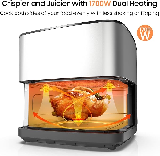 Iceagle Stainless Steel Air Fryer 9 Quart - Airfryer XXL with Large Viewing Window, Dual Heating Elements, 12-in-1 Function to Roast, Bake, Broil, Defrost, Reheat, Dishwasher-Safe Parts, 1700W, Siver