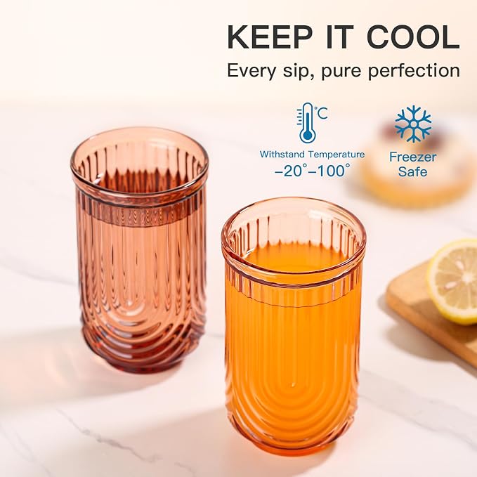 JOVGANK Amber Vintage Glassware Set of 6-17Oz Brown Water Drinking Glass, Art Deco Ripple Highball Glass, Whiskey Cocktail Glasses, for Bar Ice Coffee Juice, Housewarming Gifts Gift