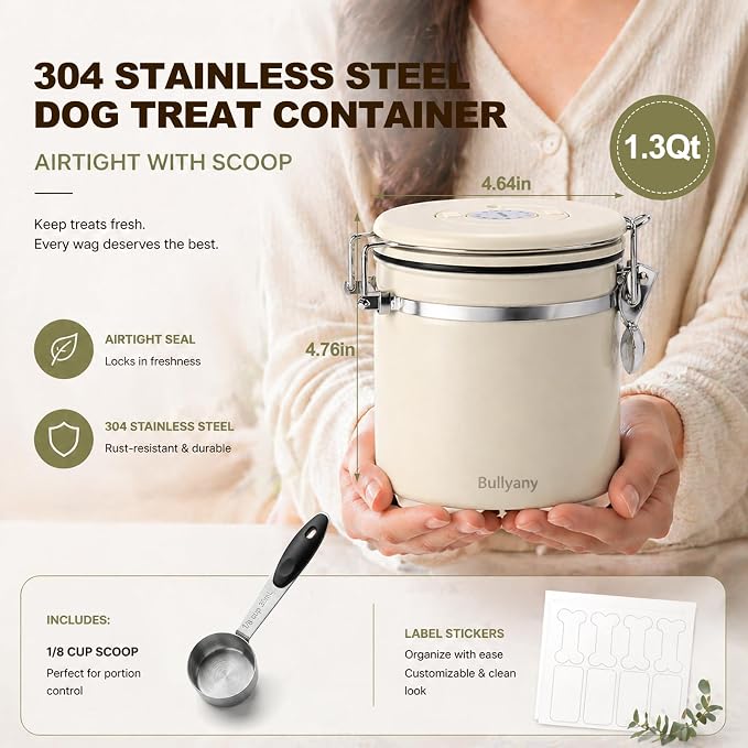 Dog Treat Container Airtight, 1.3 Qt 304 Stainless Steel Dog Treat Jar & Pet Treat Canister with Scoop, Date Dial, Locking Clamp, Silicone Seal for Dog Biscuits, Cookies, Training Snacks