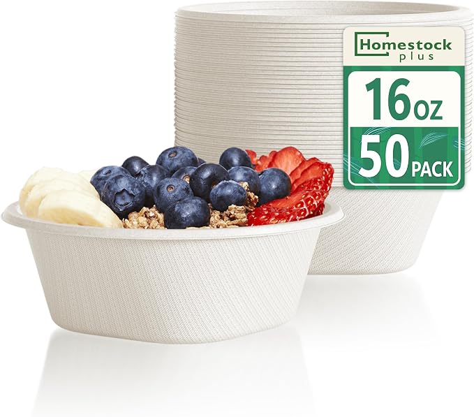 Disposable Bowls 16 Oz [50 Pack] - Heavy Duty Paper Bowls, Sugarcane Fiber Compostable Bowls for Ice Cream, Snacks, Desserts, Microwave Safe BPA-Free Eco Dinnerware (White)