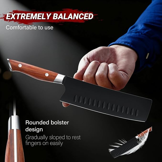 TIVOLI 3 PCS Kitchen Knife Set - Black Blade Rustproof Coating | German High Carbon Stainless Steel, Full Tang Ergonomic Wood Handle, Gift Box, Stain Resistant & Easy to Clean, for Cooking