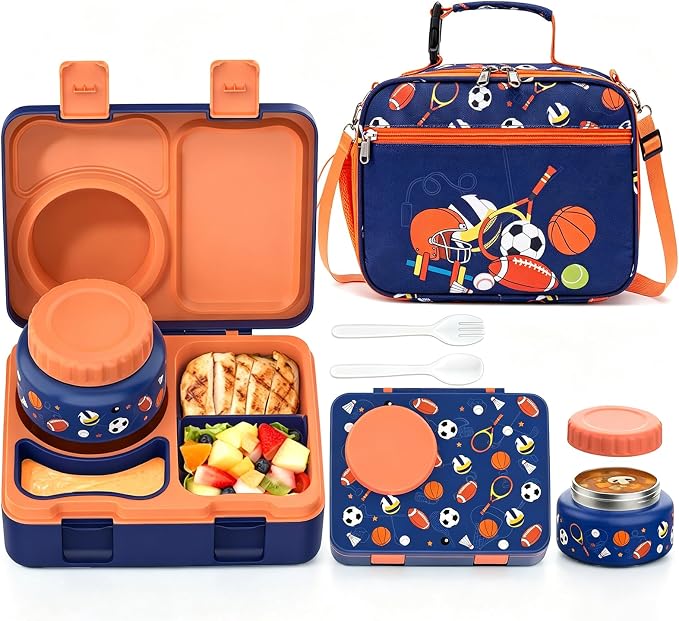 Bento Box for Kids, Leakproof Kids Lunch Box with 8.5OZ Thermo Food Jar & Lunch Bag, 3-4 Compartments Toddler Insulated Lunch Box for Boys, BPA Free Lunch Containers for School Daycare