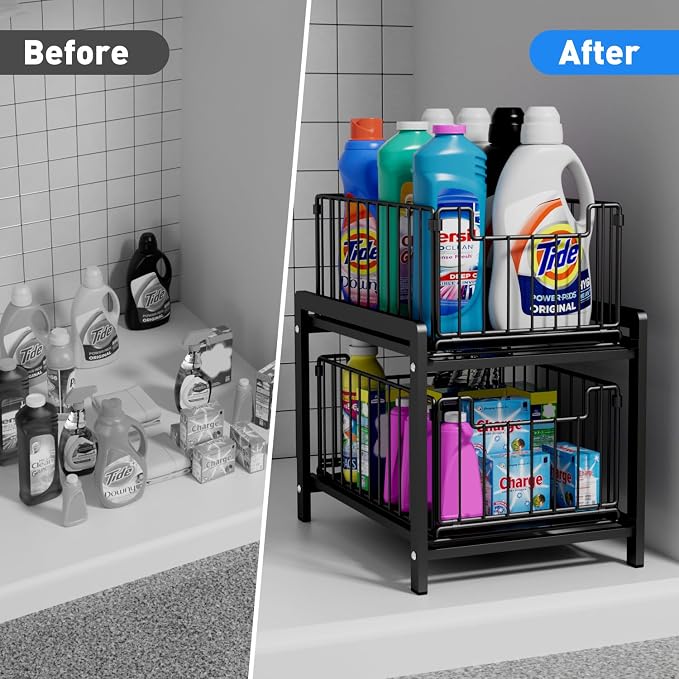 2-Tier Pull Out Cabinet Organizer, Slide Out Under Sink Organizer | Metal Cabinet Baskets with Mesh Sliding Drawer for Home, Office, Bathroom, Kitchen, Pantry Storage Shelf, Large Black