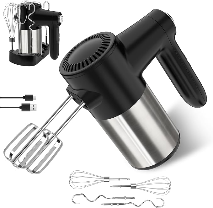 binROC Cordless Electric Hand Mixer, 7-Speed with Storage Base, Black | Rechargeable, Eject Button, Long Battery, Quiet Anti-Splash, 6×304 Stainless Attachments, Self-Stand for Cake, Dough Baking