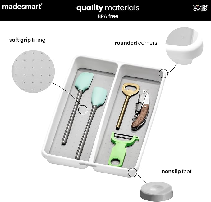 madesmart Classic 2 Compartment Compact Kitchen Tool Tray, White | non slip feet, rounded corners, soft grip lining, wide channels, spatulas whisks tongs, ladles serving spoons, woman owned