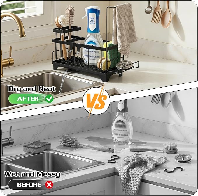 VOOWO Sponge Holder for Kitchen Sink, Compact Sink Caddy with Brush Holder | 304 Rustproof Stainless Steel Dish Soap Holder, Small Kitchen Sink Organizer, Self-Draining Dish Wand Holder with Towel Rack