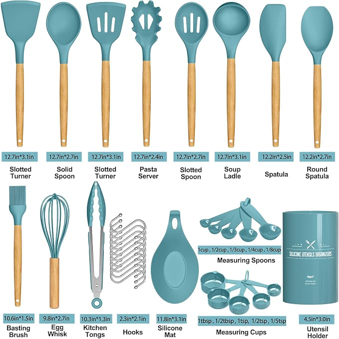 Umite Chef Kitchen Cooking Utensils Set, 33 pcs Non-stick Silicone Utensils Spatula Set with Holder, Silicone Kitchen Gadgets Utensil Set(Dark Blue)