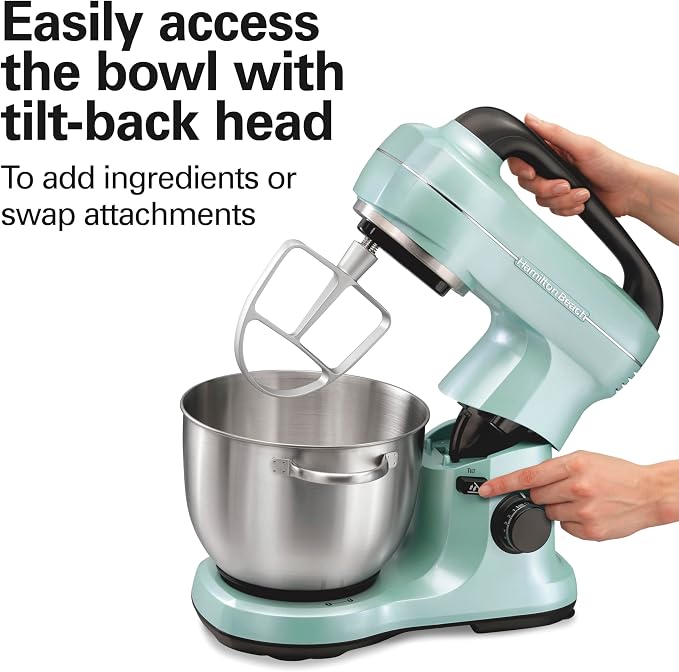 Hamilton Beach 4 Qt Electric Stand Mixer With 7 Speeds, Easy-Carry Handle | Planetary Mixing For Full Bowl Coverage | Splash Guard | 300 Watts | Whisk, Flat Beater, Dough Hook | Mixing Guide | Aqua