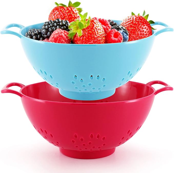 Meadow Lane 6-Inch Small Colanders, 3-Cup Food Strainers, Red/Blue, 2-Pack | BPA-free, dishwasher-safe mini colander has a wide, shallow bowl, 1/8-inch holes, two handles, ring foot and smooth edges.