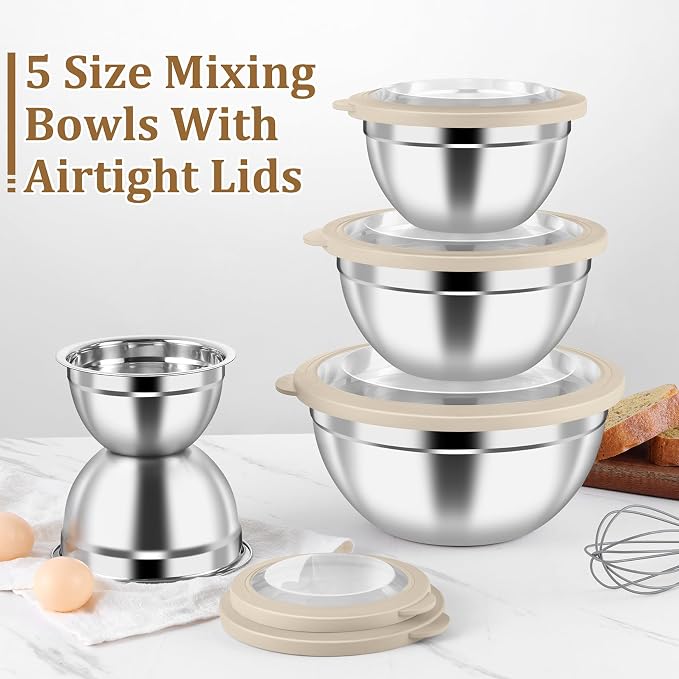 P&P CHEF Metal Mixing Bowls with Lids Set, Visible Airtight Lids & Khaki | 5 PCS Stainless Steel Mixing Nesting Bowls for Kitchen Prepping, Storing, Healthy & Easy Clean, Size 4.6, 3, 1.5, 1, 0.7 QT
