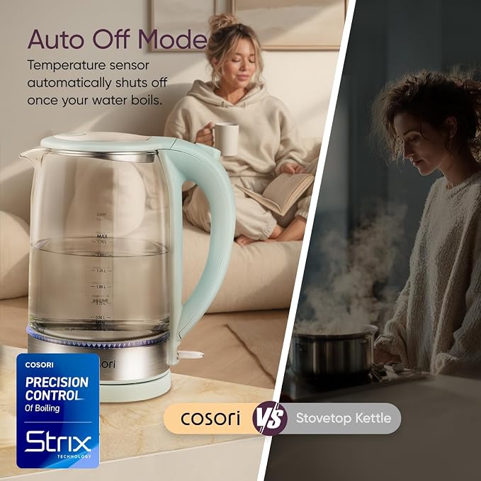 Cosori Electric Kettle, No Plastic Contact with Water, 1.7L, Green | Wide Opening, Easy to Clean, Auto Shut-Off, Boil-Dry Protection, Tea Kettle, Hot Water Boiler, Borosilicate Glass, 1500W