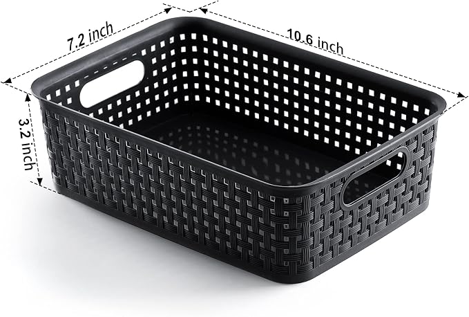 [ 8 Pack ] Plastic Storage Baskets, Small Pantry Organization and Storage Bins, Household Organizers for Laundry Room, Bathrooms, Kitchens, Cabinets, Countertops, Under Sink or Shelves, Black