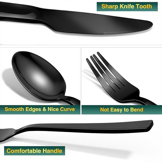 Yoehka 40 Pieces Black Silverware Set, Stainless Steel Flatware Set for 8 | Heavy Duty, Mirror Polished, Includes Knife/Spoon/Fork, For Home, Restaurant, Hotel, Dishwasher Safe