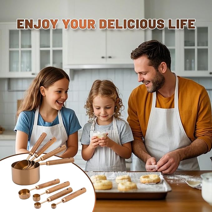 Premium Measuring Cups and Spoons Set with Wood Handle 8PCS | Stainless Steel Liquid and Dry Measuring Cup Set for Baking, Cooking, Coffee with Ergonomic Grip & Engraved Markings (Bronze)