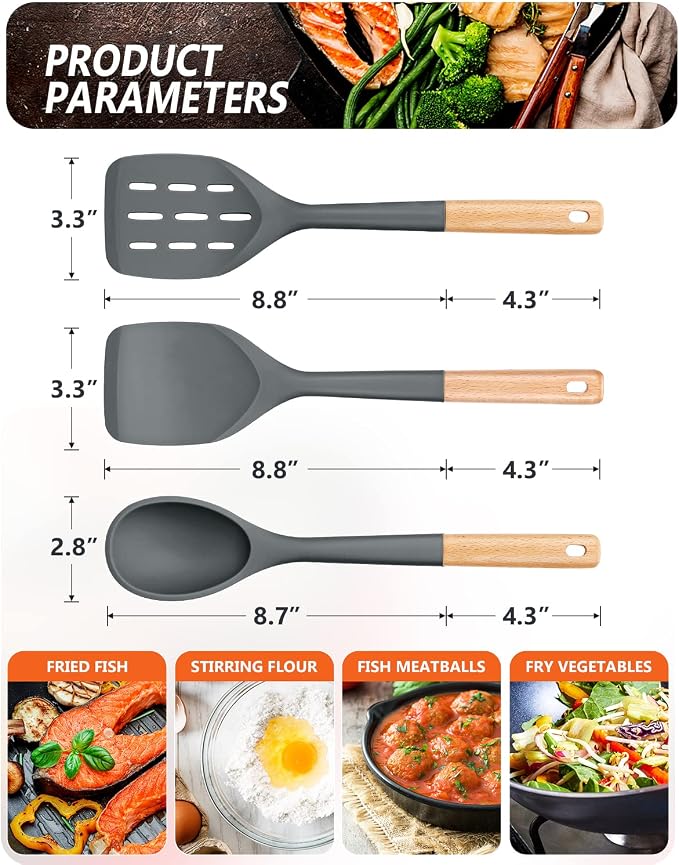 Pack of 3 Silicone Spatula, Non Stick Cooking Utensil Set, Grey | Heat Resistant, Non Scratch, Wooden Handle Kitchen Turner for Baking Mixing Grilling Serving Food