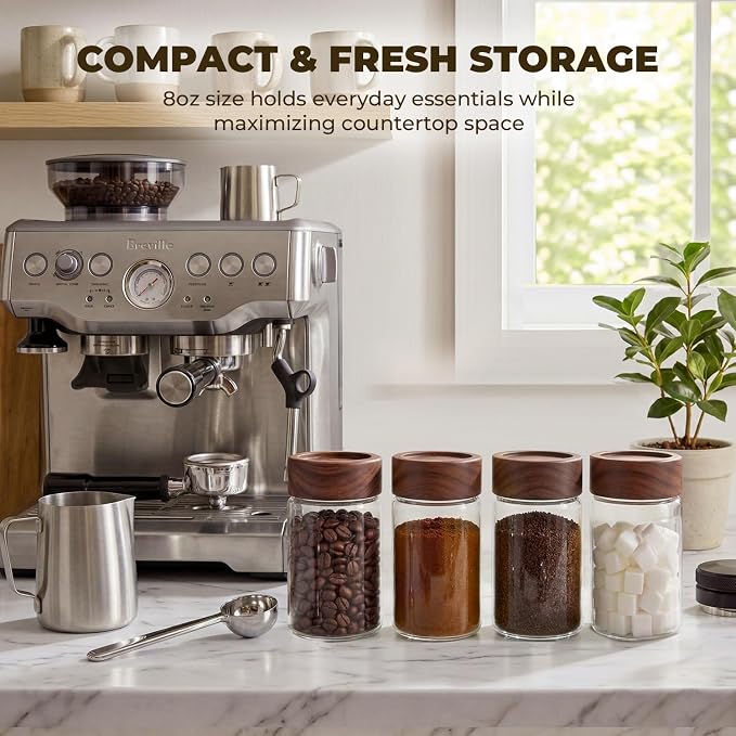 4 Pack 8 oz Glass Spice Jars with Wooden Lids, Tall Small Mason Jars with Airtight Acacia Wood Lid, Empty Clear Containers for Herb, Seasoning, Sprinkles & Pantry Organization