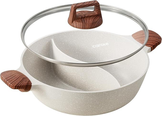 CAROTE 4.5QT Stockpot with Divider Double Flavor | Kitchen Braiser Pan with Glass Lid, Dual Sided Nonstick, Cookware for Induction Cooktop Gas Stove
