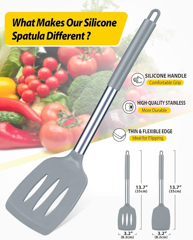 Pack of 2 Silicone Solid Turner, Non Stick Slotted Kitchen Spatulas, High Heat Resistant BPA Free Cooking Utensils, Ideal Cookware for Fish, Eggs, Pancakes(Gray)
