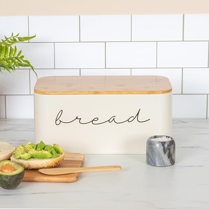 Bloomingville Metal bread Bin with Bamboo Lid, Cream (Pack of 3)